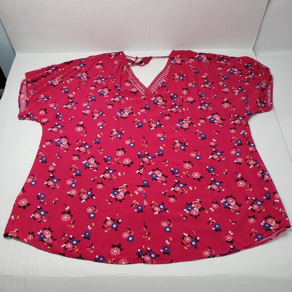 Lane Bryant Top Womens 18/20 Pink Floral V-Neck Flutter Sleeve Preppy Eyelet - Picture 13 of 16